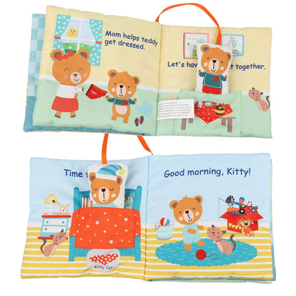 bebe mondo Teddy Bear Soft Baby Book Activity Quiet Cloth Books Developmental Toys Interactive Baby Books for Babies Toddlers Infants, Easter Gifts for Boys Girls,Washable Mirror Toy, Goodnight W Box