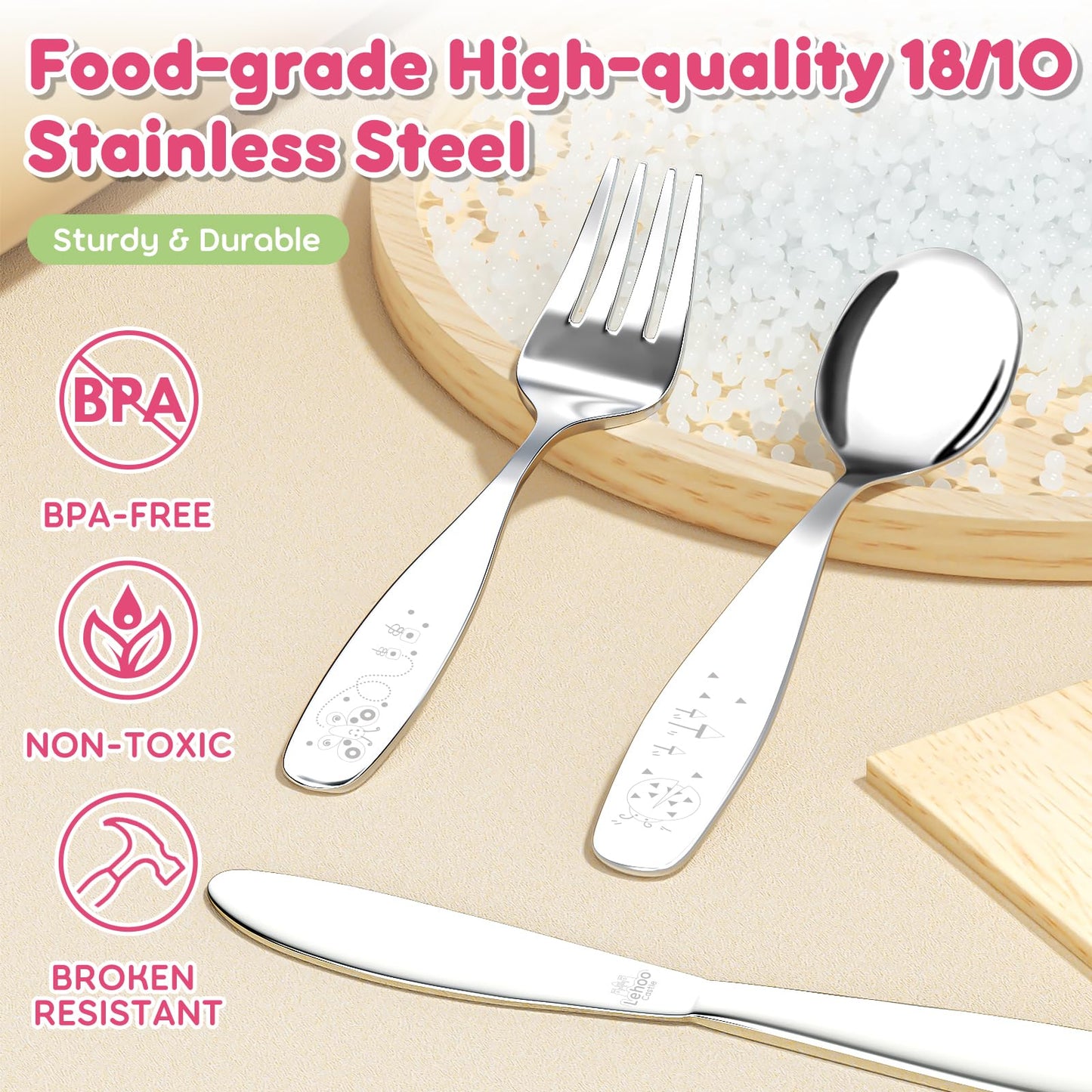 Lehoo Castle Kids Silverware Stainless Steel 6 Piece - Toddler Spoons and Forks Knife Set, Metal Kids Cutlery Set, Toddler Utensils Self Feeding (Dinosaur World)