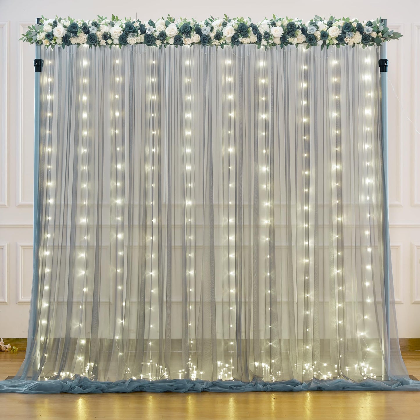 White Tulle Backdrop Curtain with Lights String for Parites 10×8ft Sheer Backdrop Curtains White Curtain Backdrop for Wedding Baby Shower Birthday Party Photo Shoot Decorations(2 Panels 10ft×8ft)