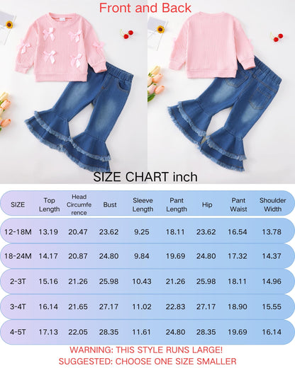 Renotemy Toddler Baby Girl Clothes Fall Winter Outfit, Bow Sweatshirt Denim Bell Bottom Jeans Outfits for 1-5 Year Girls