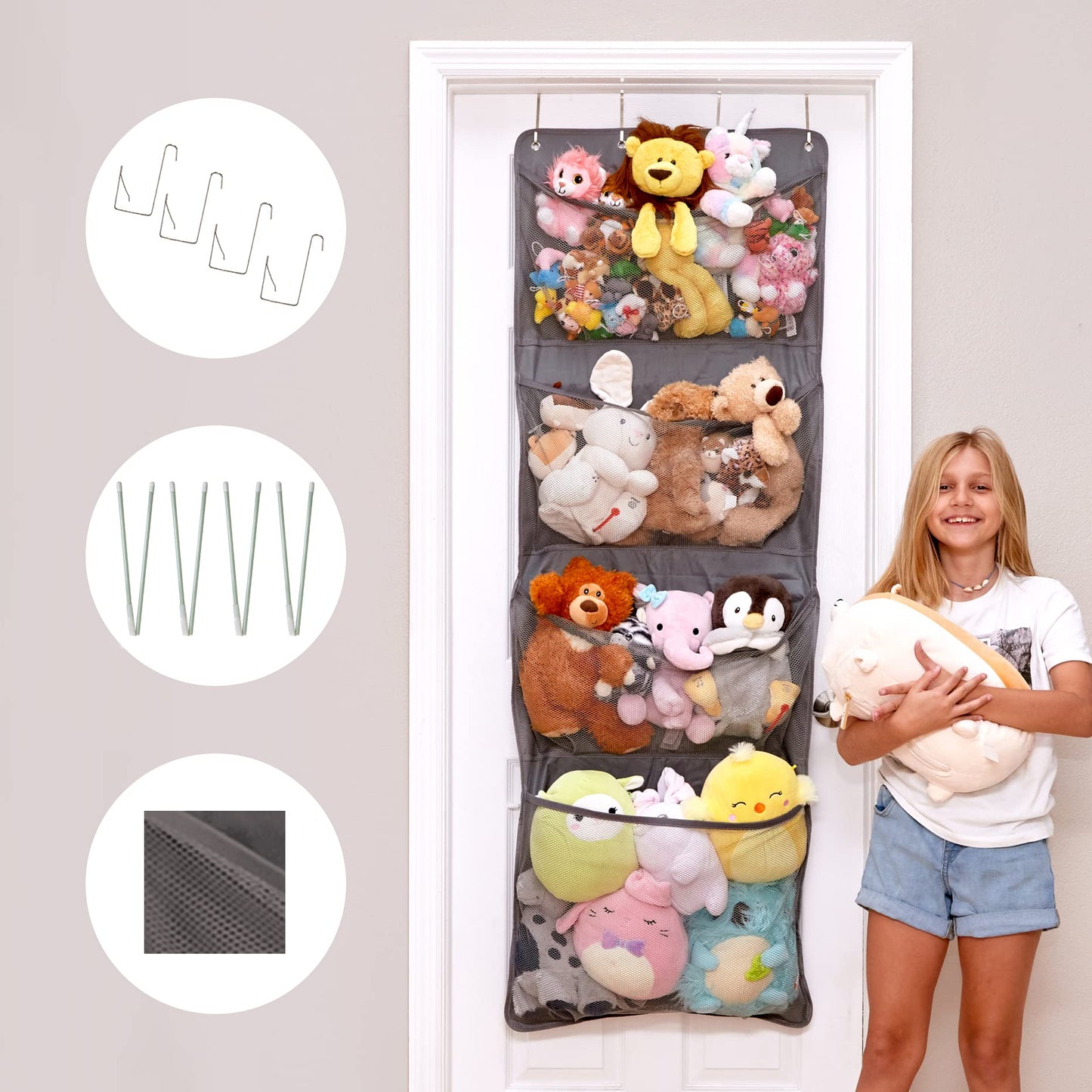 Lilly's Love Corner Stuffed Animal Toy Storage Hanging Organizer | 5 Expandable Mesh Net Pockets, Stores Loads of Plush Toys | Large Plushie Display for Boys, Girls | Pink