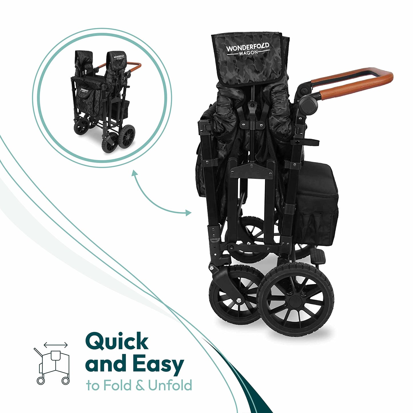 WONDERFOLD W4 Luxe Quad Stroller Wagon Featuring 4 High Face-to-Face Seats with Magnetic Buckle 5-Point Harnesses and Adjustable/Removable UV-Protection Canopy, Hunter Green