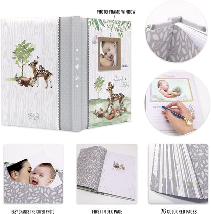 Holoary First 5 Years Baby Memory Book - 76 Colourful Illustrated Keepsake Journal Pages Record Book Album for Newborn Baby Boy or Girl, Woodland Animals Design