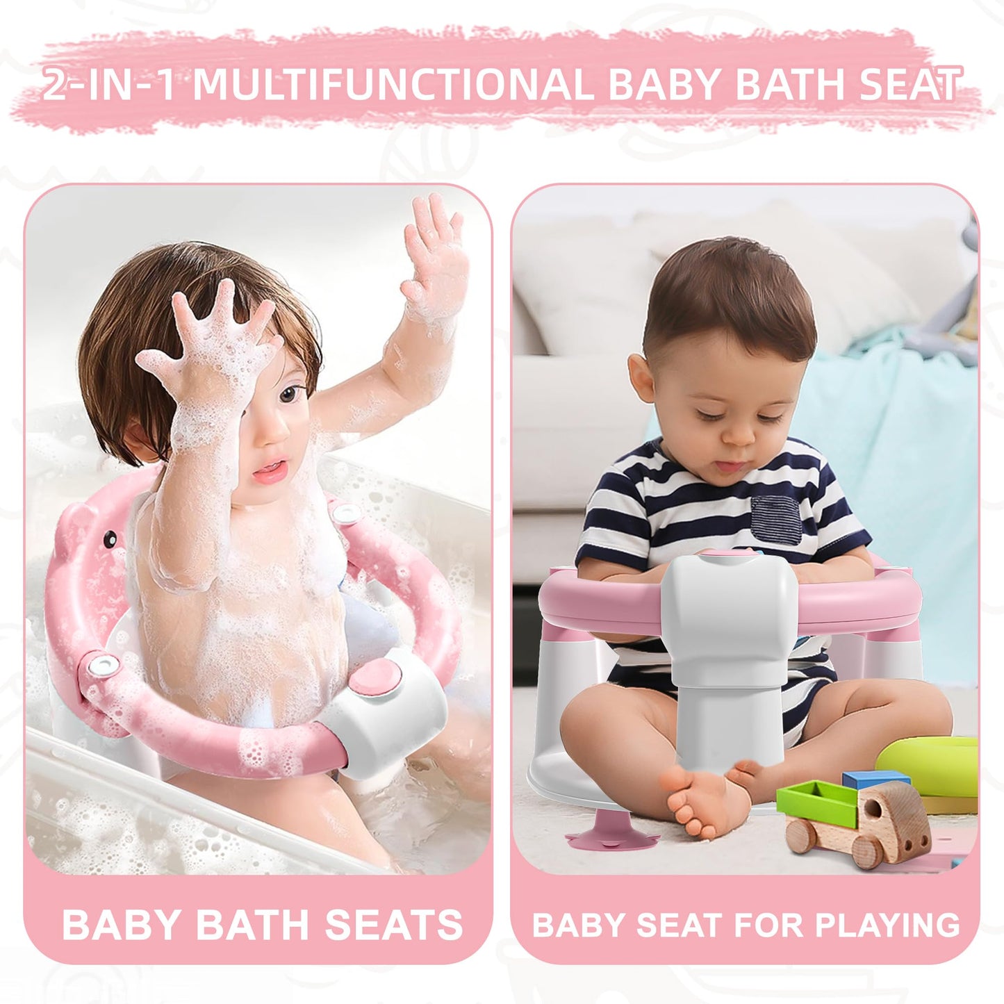 Baby Bath Seat for Babies 6 Months & Up, Toddler Bath Seats for Babies Sitting Up, Non-Slip Infant Bath Tub Chair with 4 Suction Cups & Soft Cushion for Shower, Compact Toddler Bathtub Seat, Pink