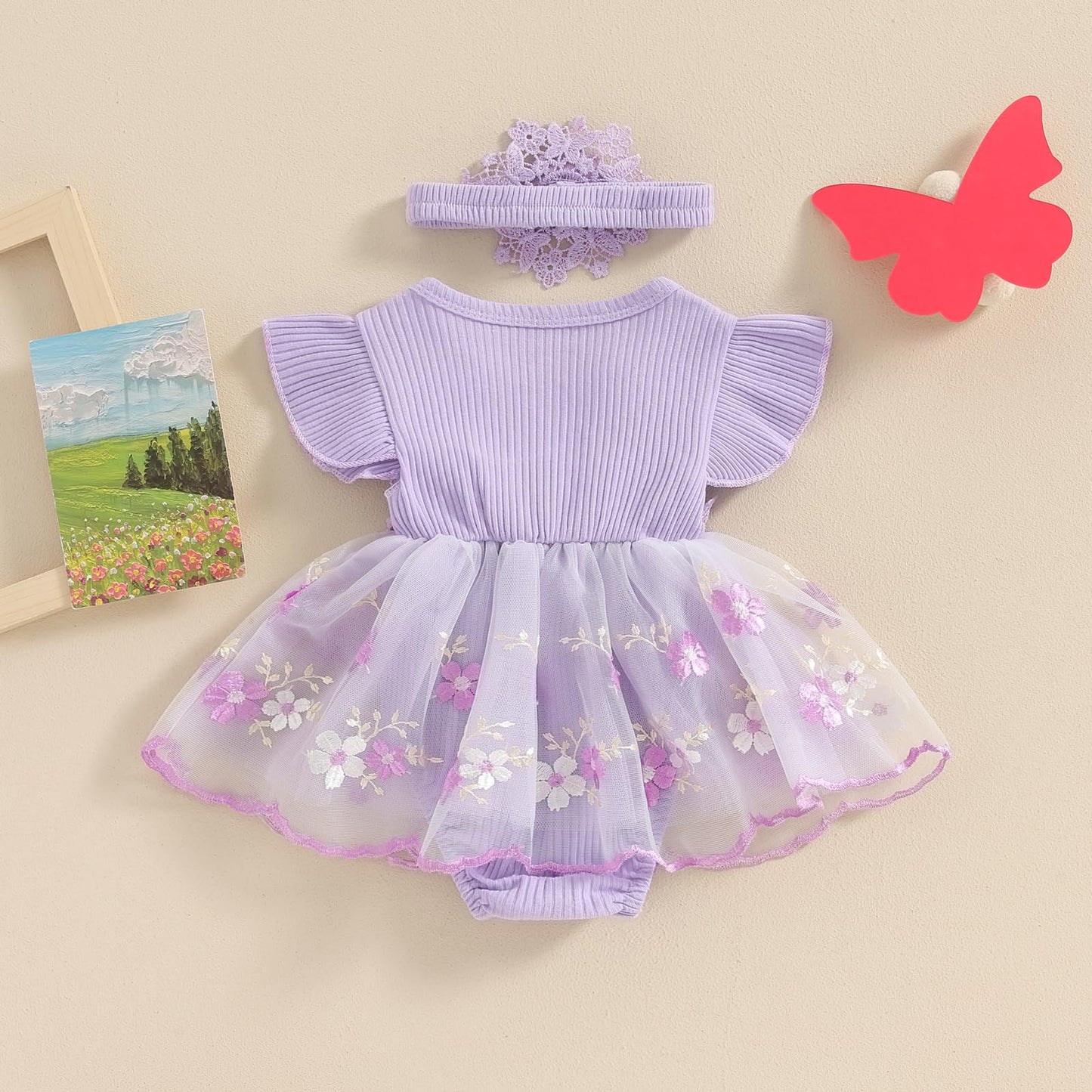 Hnyenmcko Newborn Baby Girl Summer Romper Dress Infant Fly Sleeve Flower Embroidery Mesh Tulle Skirt Hem Ribbed Bodysuit