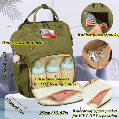 Diaper Bag Backpack for Dad and Mom with USB Charging Port Stroller Straps and Insulated Pocket,army military Travel Nappy Backpack for Daddy/Mommy (Black)