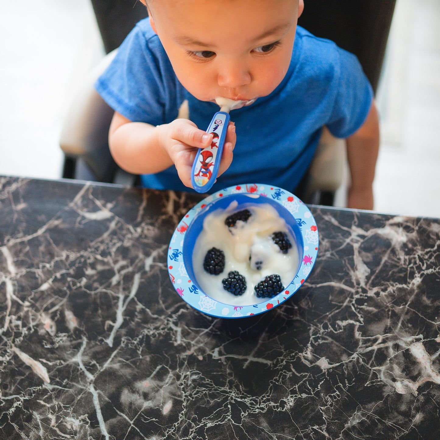 The First Years Bluey 4-Piece Place Setting - BPA Free Dishwasher Safe Toddler Dinnerware Set with Divided Plate, Bowl, Fork, Spoon - Multicolor