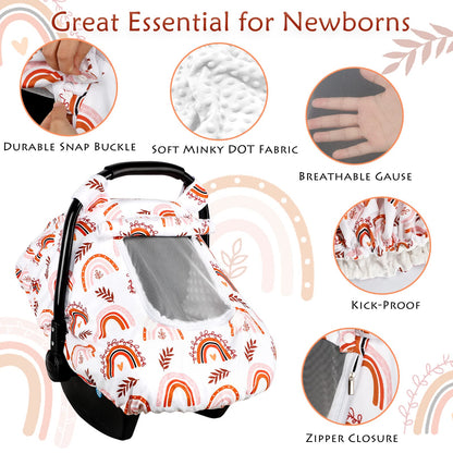 Pea Pod Car Seat Cover Baby, Infant Car Seat Canopy Covers for Newborn with 2 Layers Windows of Breathable Mesh Fabric, Lightweight Polyester/Soft Minky Dot Backing (Floral & Rainbow)