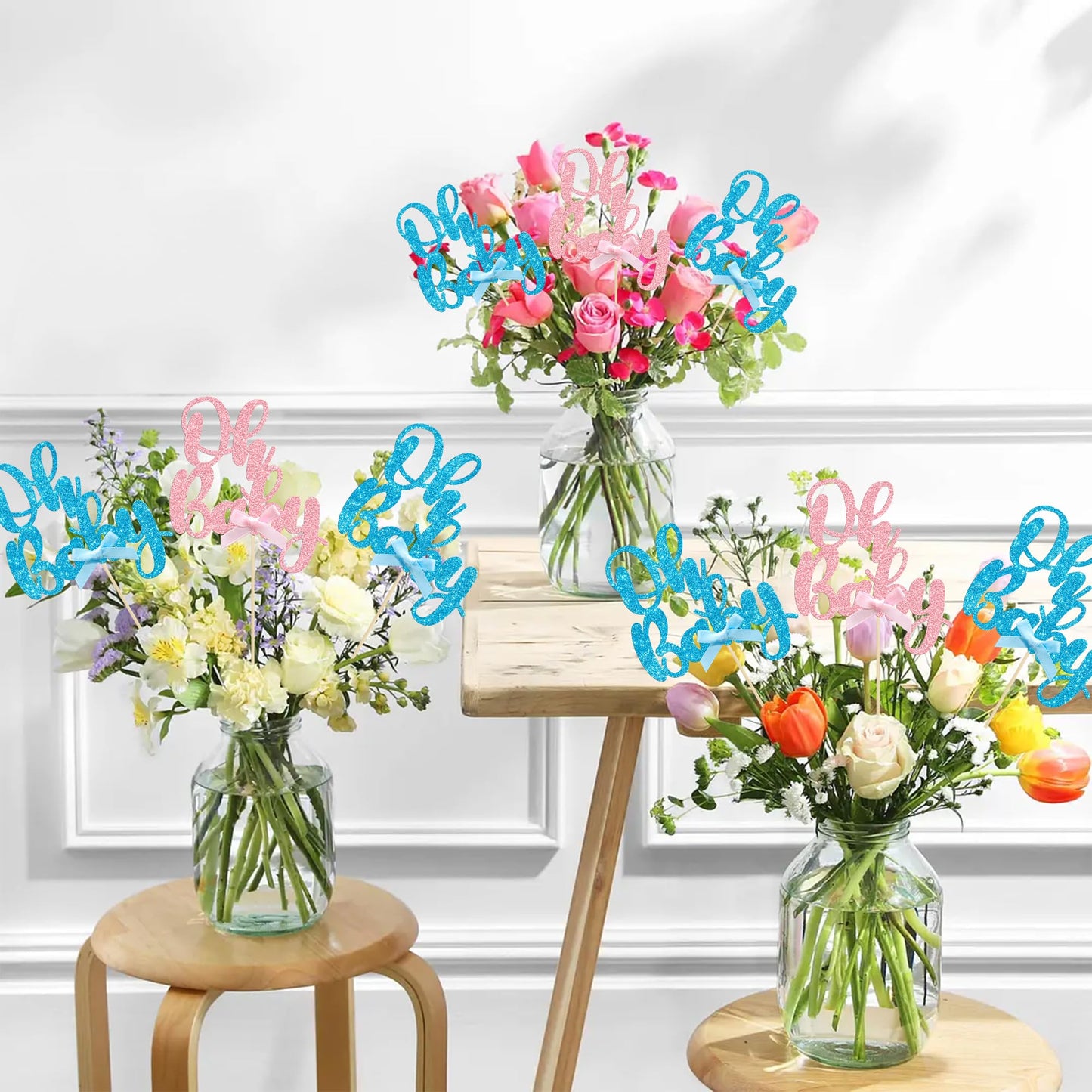 Gyufise 12Pcs Oh Baby Centerpiece Sticks Double Sided Blue Pink Bow Glitter Baby Shower Cupcake Picks Gender Reveal Table Flower Centerpieces for Baby Shower Birthday Party Supplies Gold