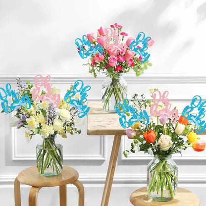 Gyufise 12Pcs Oh Baby Centerpiece Sticks Double Sided Blue Pink Bow Glitter Baby Shower Cupcake Picks Gender Reveal Table Flower Centerpieces for Baby Shower Birthday Party Supplies Gold