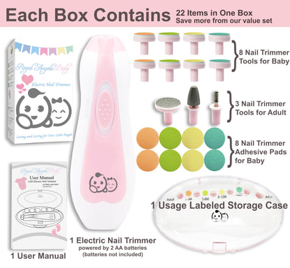 Baby Nail Trimmer 21 in 1, Usage Labeled Case & 13 Extra Replacement Tools, Royal Angels Baby Electric Nail File, Baby Nail Care, Nail Clipper Newborn Toddler Toes & Fingernails Nail Kit (Blue)