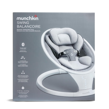 Munchkin Baby Swing, Portable and Lightweight, Bluetooth Enabled Electric Infant Rocker with Natural Sway in 5 Ranges of Motion, Newborn Nursery Essentials, White/Grey
