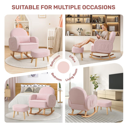 Rocking Chair with Ottoman, Upholstered Glider Rocker with High Backrest and Side Pocket, Rocking Accent Armchair with Solid Wood Legs for Nursery, Living Room, Bedroom Green