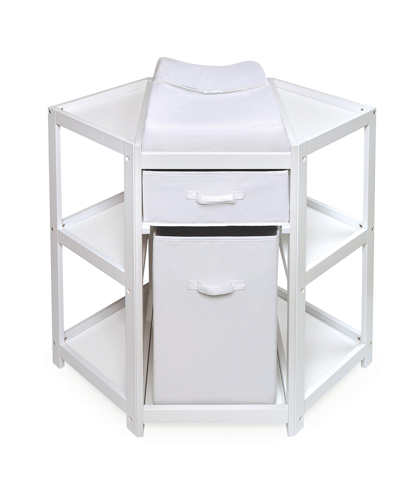 Badger Basket Diaper Corner Baby Changing Table – Space-Saving White Nursery Station with Hamper, Basket & Changing Pad