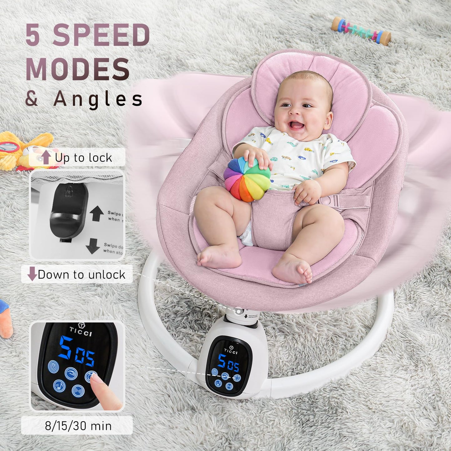 T TICCI Baby Swings for Infants, Smart Portable Baby Swing for Newborn, Bluetooth Infant Swing with Music Speaker, Remote Control Indoor Rocker with 5 Sway Speeds, 0-6 Months, Pink