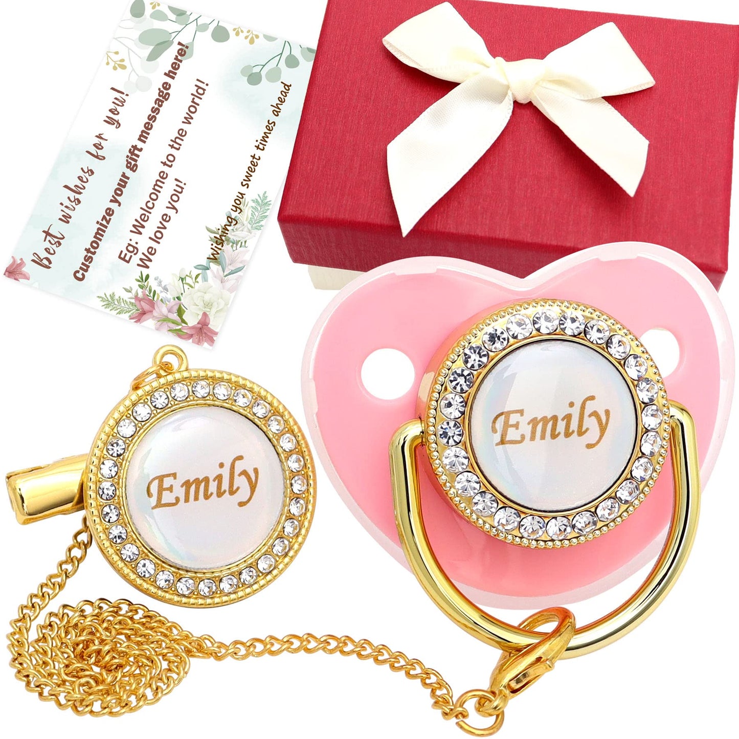 Personalized Pacifier Set with Name, BPA Free, Bling Gold Silver Pink Rose Gold Luxurious Ideal Gift for Newborns (Gold)