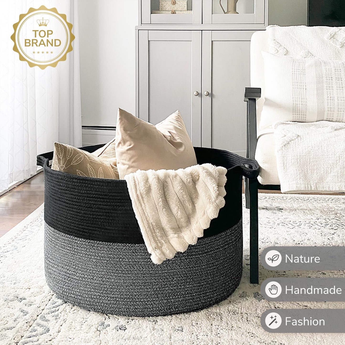 INDRESSME XXXLarge Cotton Rope Basket 21.7" x 21.7" x 13.8" Woven Baby Laundry Blanket Basket Toy Baskets with Handle Storage Comforter Cushions Thread Laundry Hamper