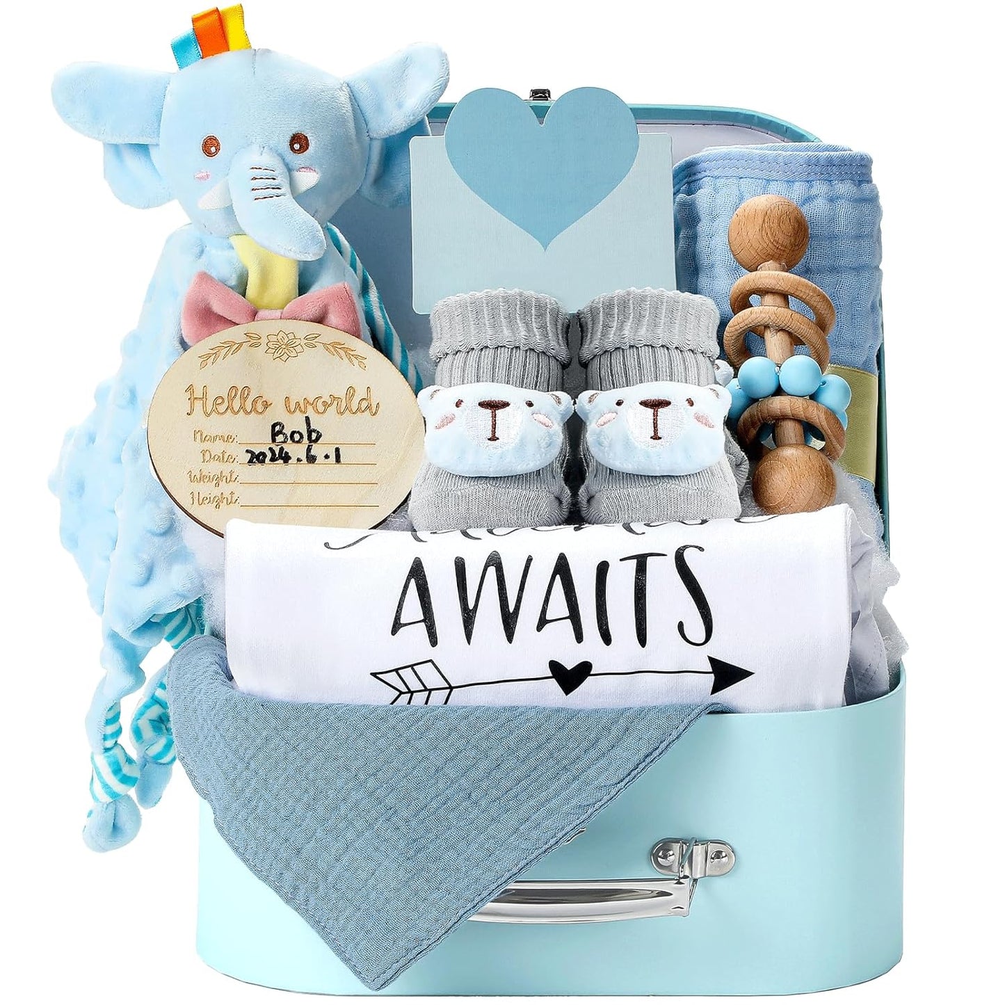 Baby Gift Set Baby Shower Gifts Basket for Newborns New Born Baby Boy Gift Set Blue Baby Gift Basket with Baby Rattle Muslin Towel Security Blanket Gender Reveal Gifts for Baby Girls Boys