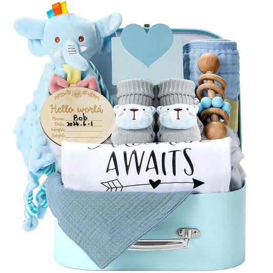 Baby Gift Set Baby Shower Gifts Basket for Newborns New Born Baby Boy Gift Set Blue Baby Gift Basket with Baby Rattle Muslin Towel Security Blanket Gender Reveal Gifts for Baby Girls Boys