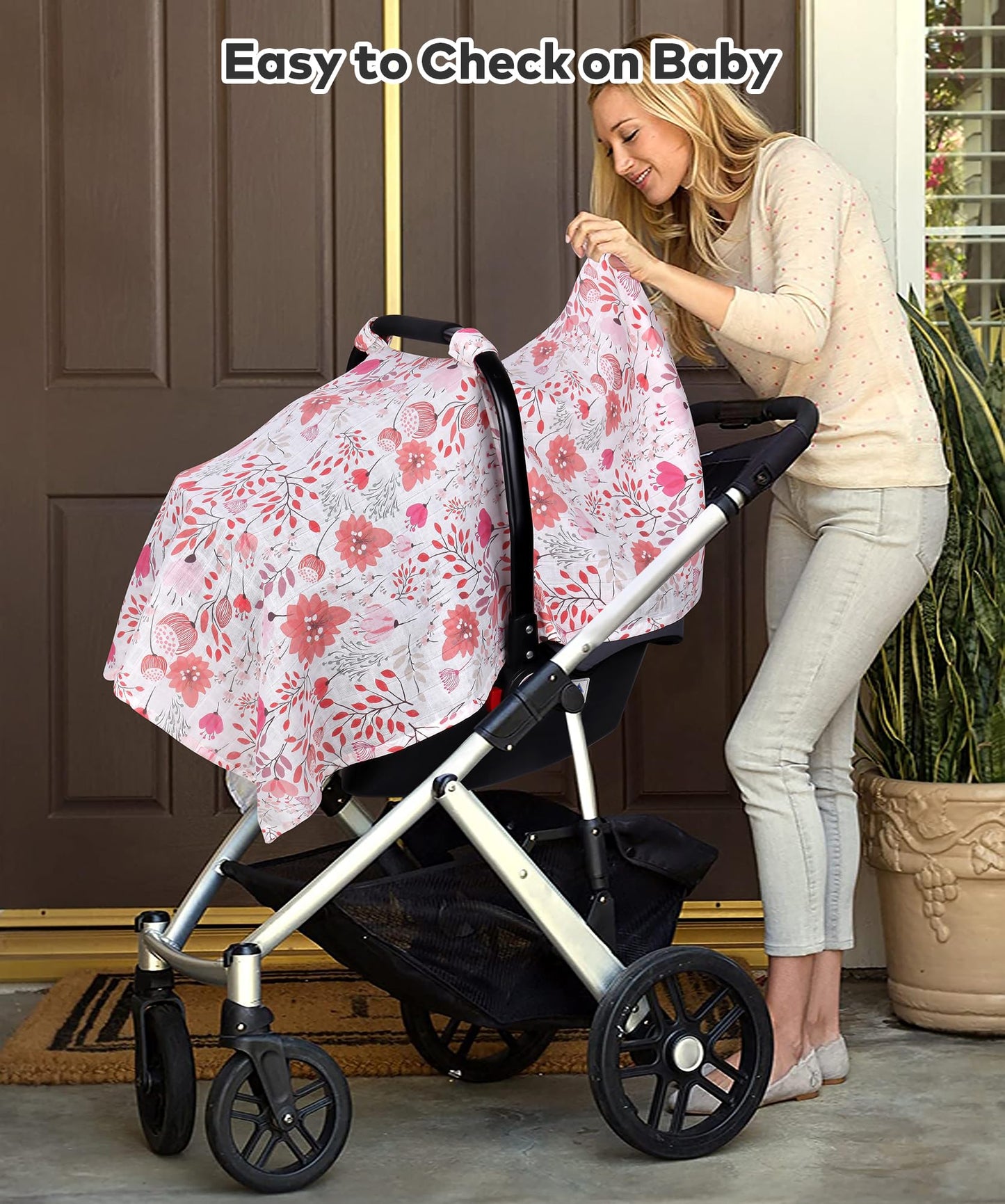 Rquite Car Seat Cover, Muslin Cotton Infant Car Seat Canopy, Breathable Baby Carrier Cover, Summer Stroller Sun Shade, Flower