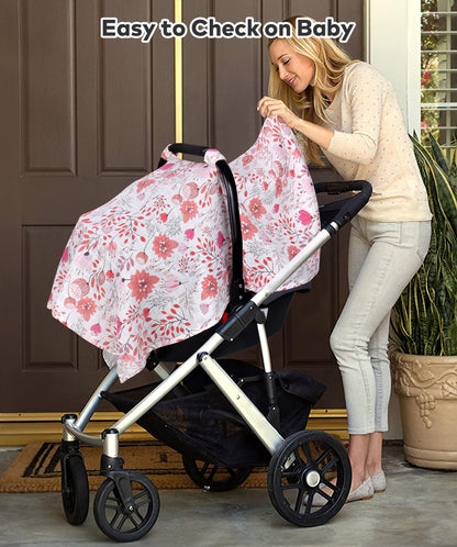 Rquite Car Seat Cover, Muslin Cotton Infant Car Seat Canopy, Breathable Baby Carrier Cover, Summer Stroller Sun Shade, Flower