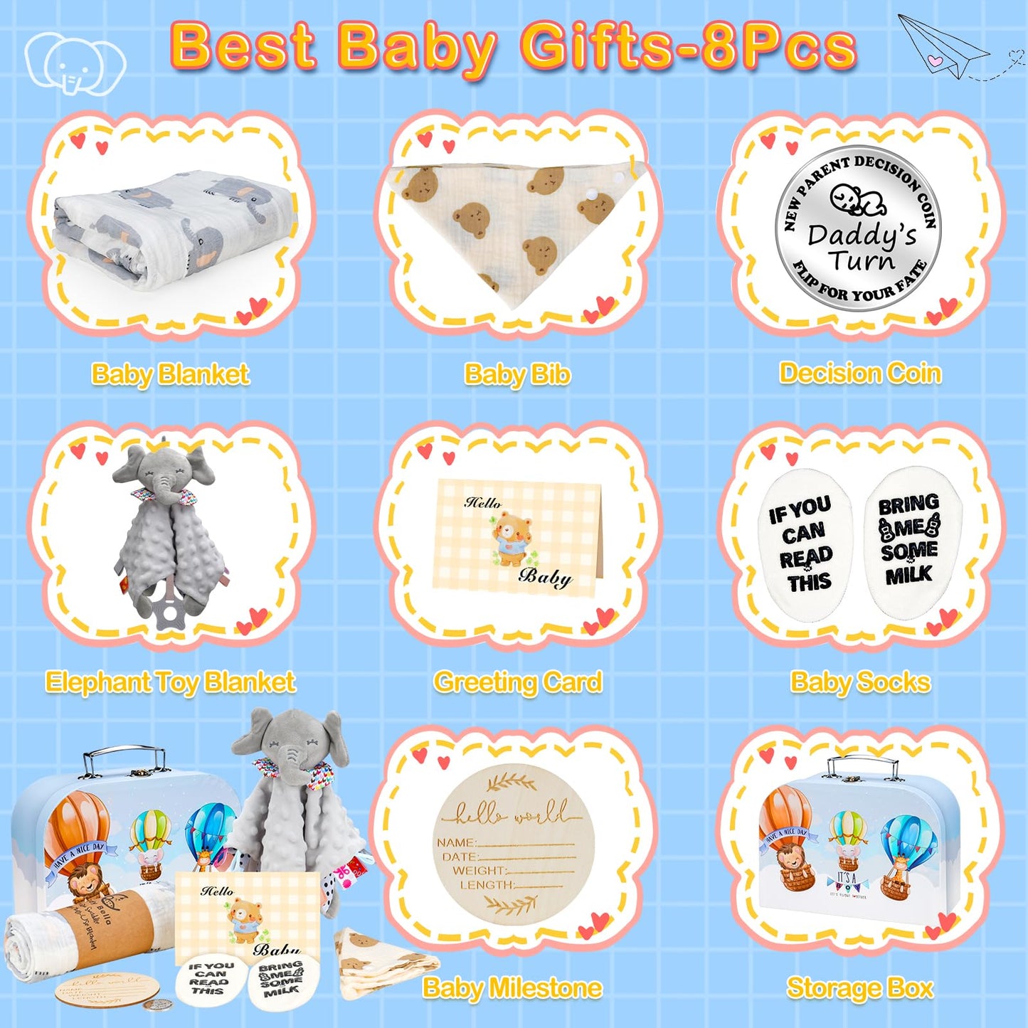 Baby Gift Basket, Newborn Baby Boy Gift Basket, Multiple Pieces Newborn Essentials for New Baby Gifts Basket Set with Baby Blanket, Baby Bunny Rattle, Keepsake Milestone, Elephant Toy, Baby Socks