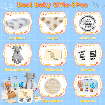Baby Gift Basket, Newborn Baby Boy Gift Basket, Multiple Pieces Newborn Essentials for New Baby Gifts Basket Set with Baby Blanket, Baby Bunny Rattle, Keepsake Milestone, Elephant Toy, Baby Socks