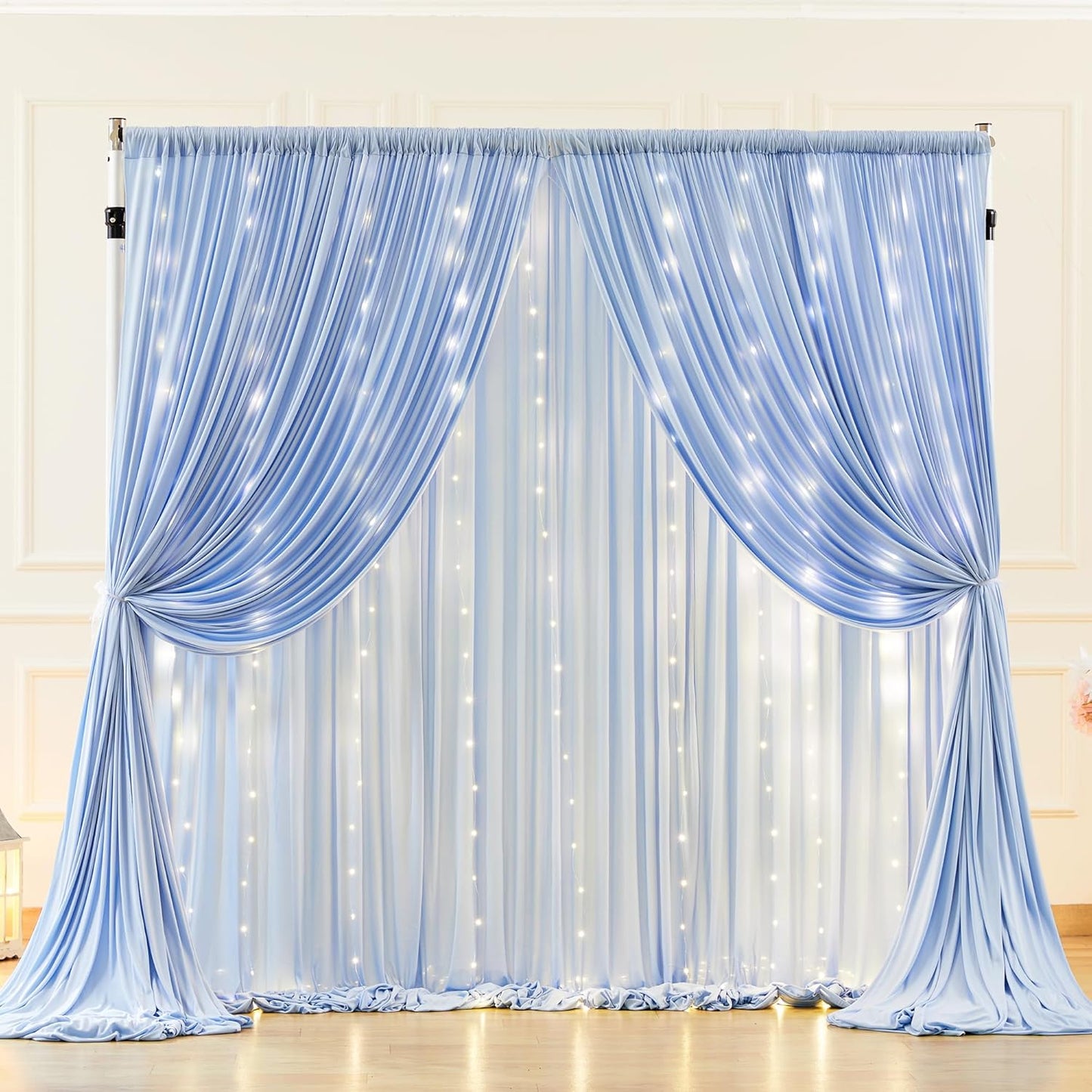 10x10ft Pink Backdrop Curtain with Lights String for Parties Wedding Wrinkle Free Soft Curtains Photo Backdrop Drapes for Girls Birthday Baby Shower Background Decorations 5x10ft, 2 Panels