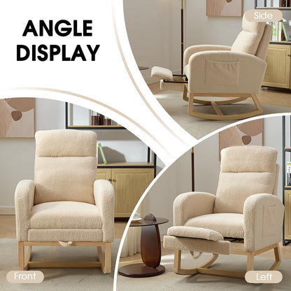 NIOIIKIT Modern Nursery Rocking Chair, Teddy Upholstered Rocking Chair with Footrest, Comfortable Glider Rocker with Side Pocket for Living Room, Bedroom, Nursing Room (Beige)