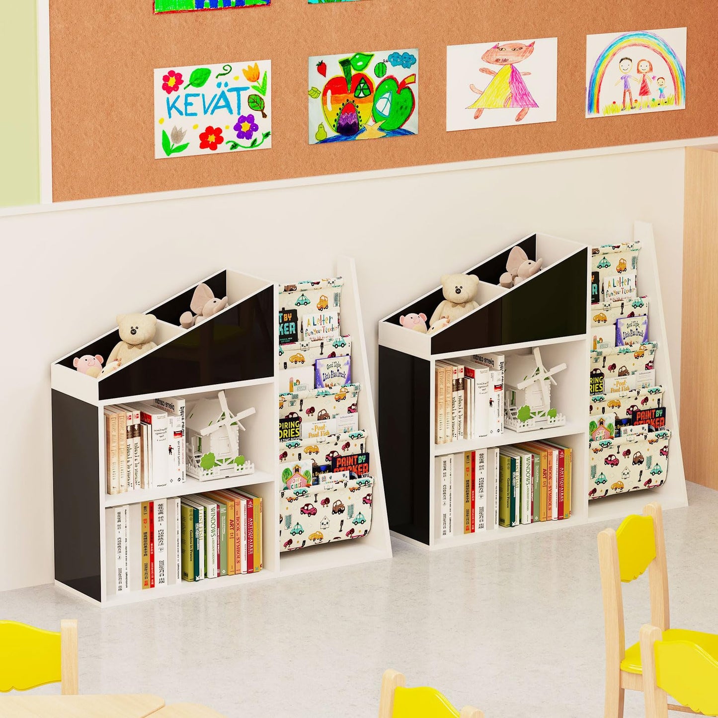 White Kids Bookshelf Wood Toy Storage Organizer Cabinet Children Bookcase Toddler Baby Sling Book Rack 3 Cube Bins Fabric Drawers for Playroom Bedroom Nursery School