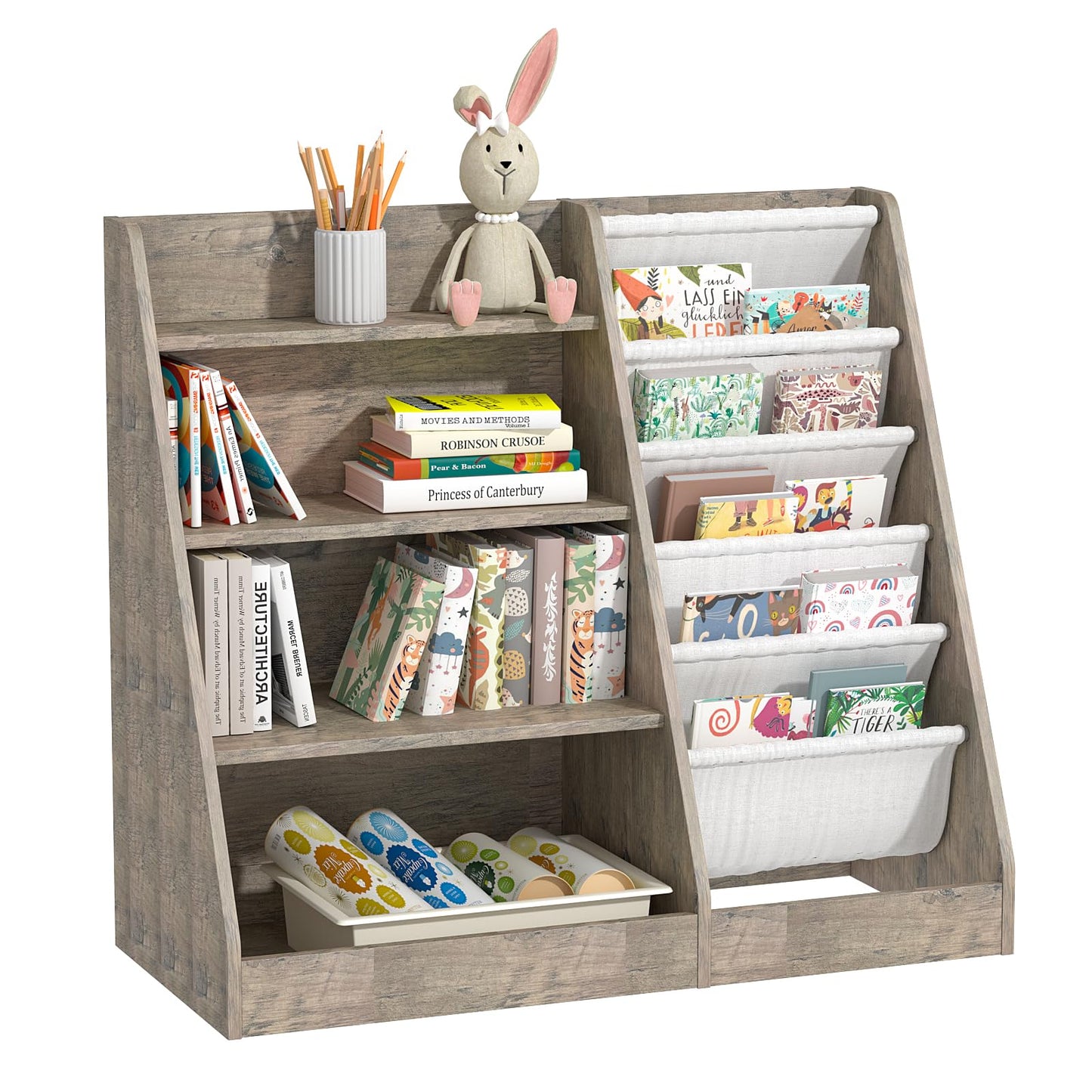 White Kids Bookshelf Wood Toy Storage Organizer Cabinet Children Bookcase Toddler Baby Sling Book Rack 3 Cube Bins Fabric Drawers for Playroom Bedroom Nursery School