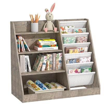 White Kids Bookshelf Wood Toy Storage Organizer Cabinet Children Bookcase Toddler Baby Sling Book Rack 3 Cube Bins Fabric Drawers for Playroom Bedroom Nursery School