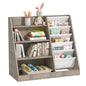 White Kids Bookshelf Wood Toy Storage Organizer Cabinet Children Bookcase Toddler Baby Sling Book Rack 3 Cube Bins Fabric Drawers for Playroom Bedroom Nursery School