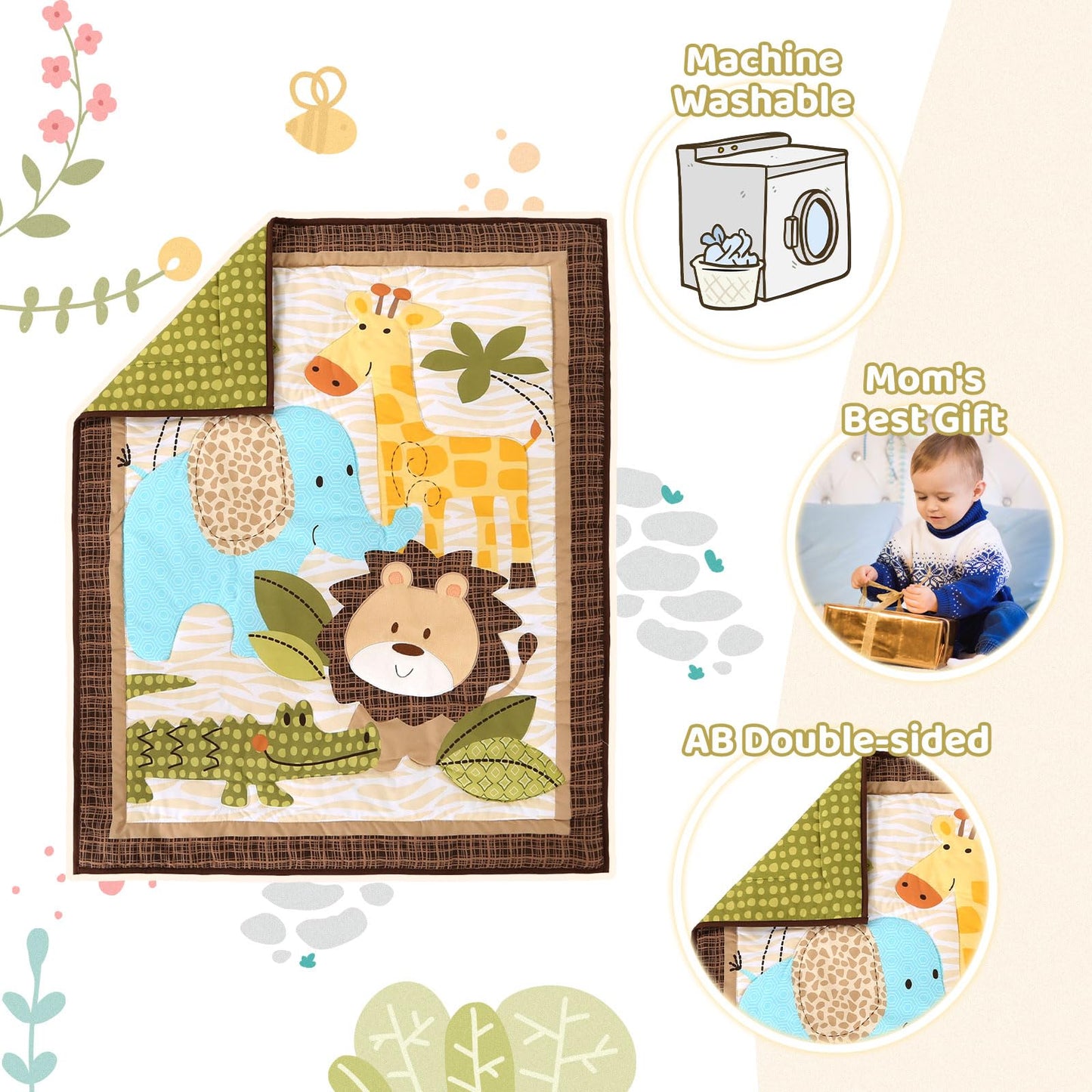 Wowelife Safari Crib Bedding Set, 3 Piece Safari Baby Bedding Set Brown, Premium Baby Crib Bed Set, Breathable and Soft for Baby Boy and Girl