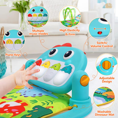 UMIKU Baby Play Mat Baby Tummy Time Mat Activity Center for Newborn Infant Piano Play Gym Mat Music & Light Babies Gifts Boy Girl for Babies 0-6 6-12 Months, Pink Dinosaur