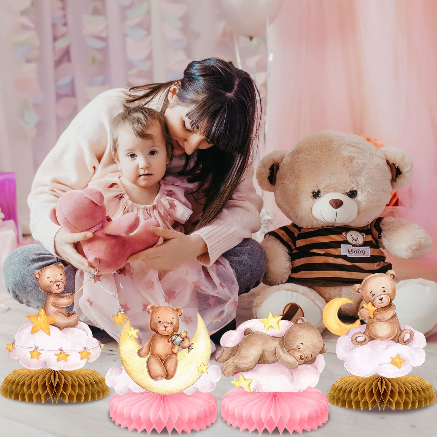 Tarklanda 9 Pcs Bear Baby Shower Honeycomb Centerpieces for Boys Party Decorate,Little Bear Balloons Cutouts Table Topper Honeycomb 3D Table Decoration for Kids Baby Shower Birthday Party Supplies