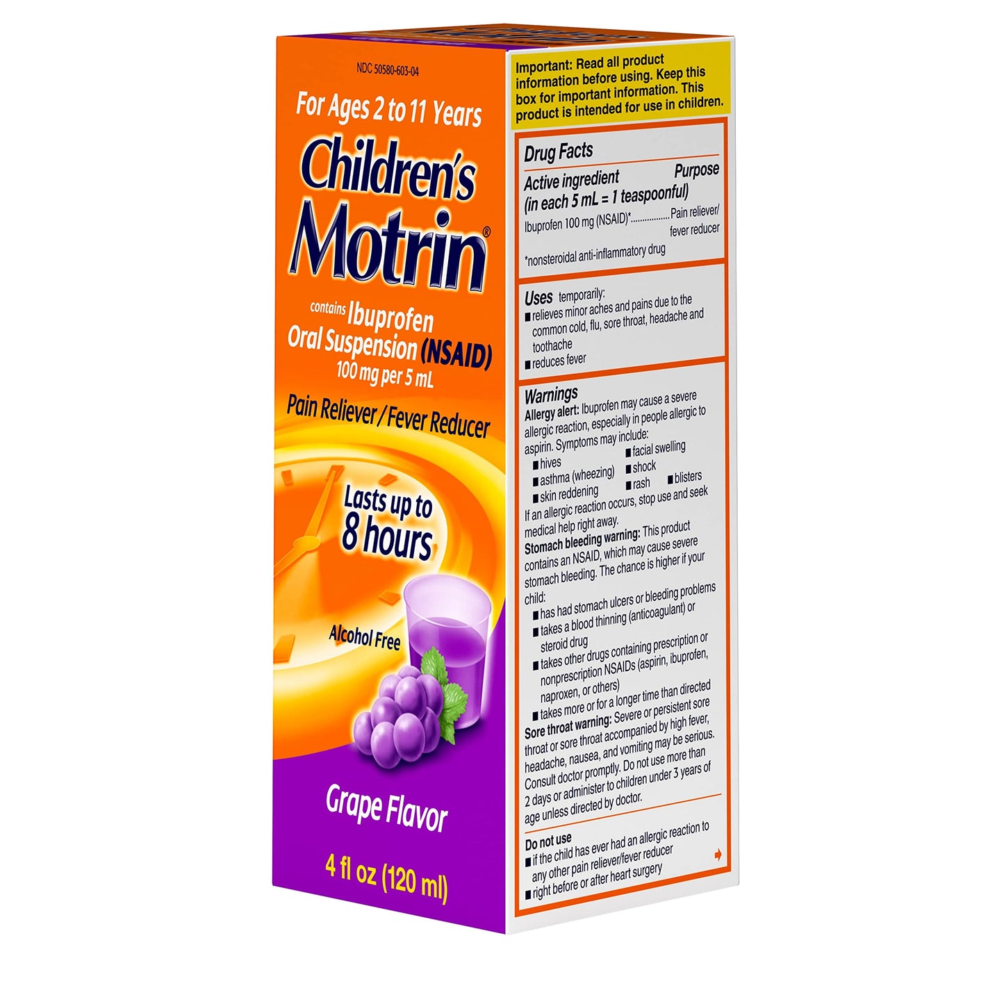 Motrin Children's Oral Suspension 100mg Ibuprofen Medicine, NSAID Fever Reducer & Pain Reliever for Minor Aches & Pains Due to Cold & Flu, Dye Free, Alcohol-Free, Berry Flavored, 8 fl. oz