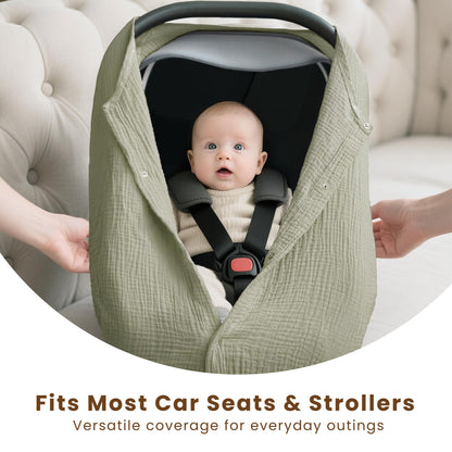 Konssy Car Seat Cover for Baby, Muslin Cotton Button Open Stroller Canopy for Babies Shower Gifts and Registry Search, Breathable Infant Sunshade Cover, Must Have for Unisex Boys and Girls, Fog Green
