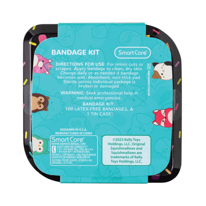 Squishmallow Bandage Kit, Cute Bandaids for Kids, Infants & Children, Latex-Free Bandages, Variety Pack of Assorted Bandages with Travel Size Tin Case, 100CT