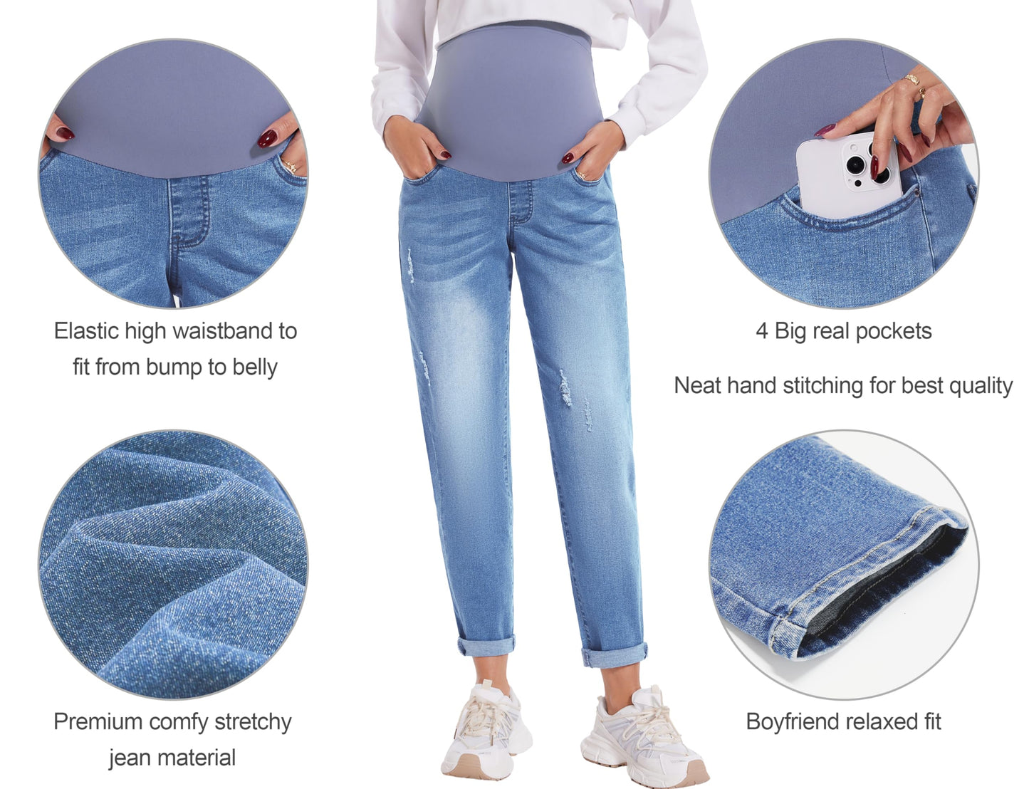 POSHGLAM Women's Maternity Jeans Over Belly Comfy Stretch Boyfriend Jeans Loose Pregnancy Pants, S-XXL