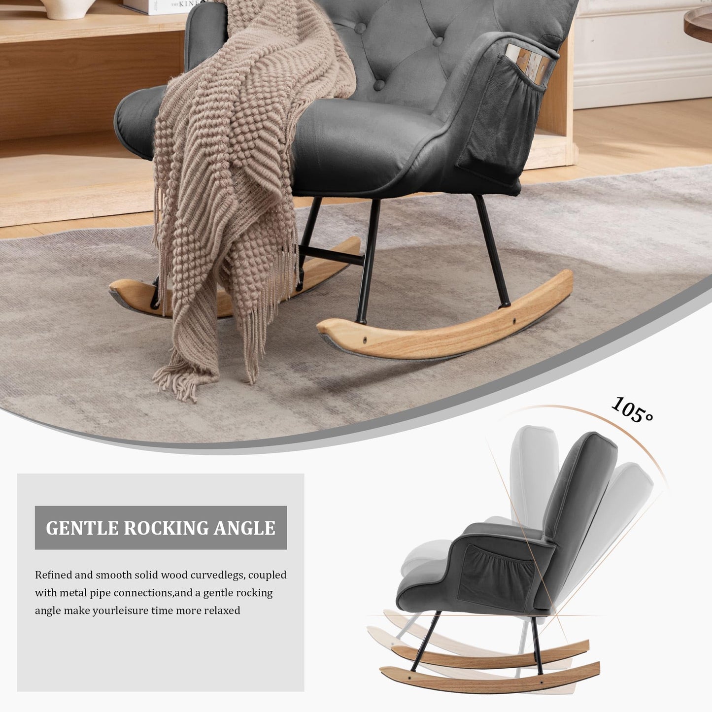 Rocking Chair for Nursery, Comfy Velvet Fabric Glider Rocker, Reading Chair with Support Seating and Side Pockets, Rocking Recliner Chair for Living Room, Bedroom, Balcony, Creamy Beige