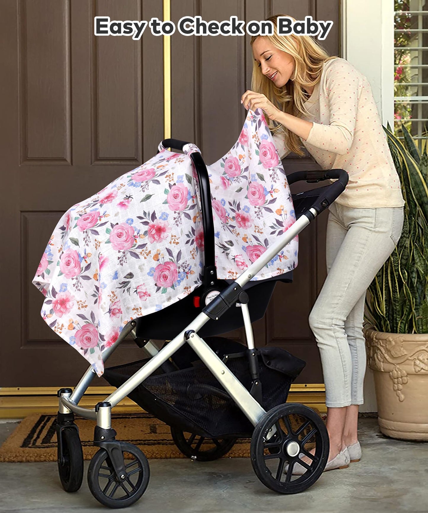 Rquite Car Seat Cover, Muslin Cotton Infant Car Seat Canopy, Breathable Baby Carrier Cover, Summer Stroller Sun Shade, Flower