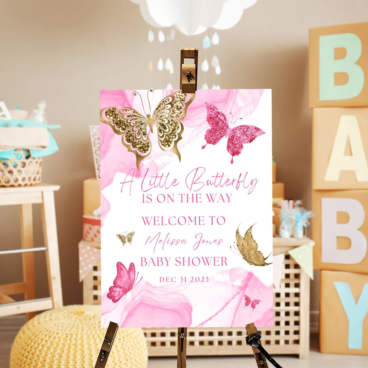Personalized A Little Snowflake Is On The Way Welcome Sign, Pink, Girl, Winter Baby Shower Canvas