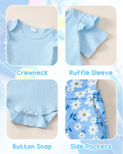 SUNNY PIGGY Toddler Baby Girl Overalls Clothes Toddler Adjustable Suspender Jumpsuit Short Sleeve Outfit Little Girl's Set