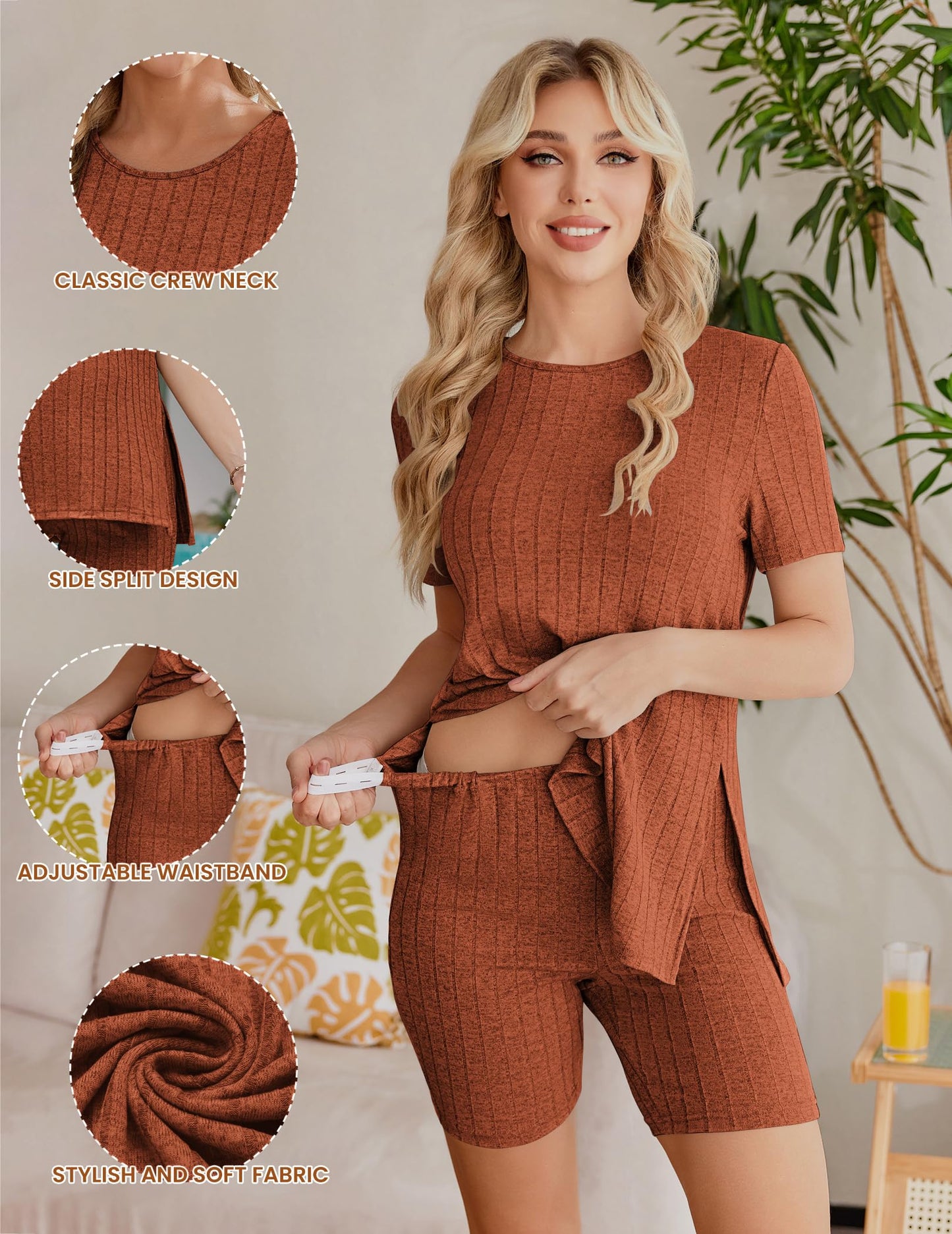 Ekouaer Maternity Sets 2 Piece Outfits Ribbed Knit Short Sleeve Shirts and Biker Shorts Pregnancy Loungewear Mama Clothes