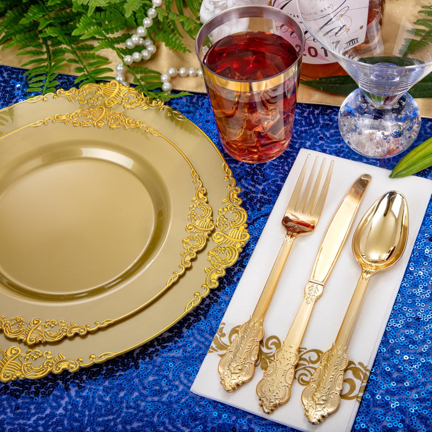 Morejoy 175PCS Rose Gold & Silver Plastic Dinnerware Set: 25 Plates, 25 Forks, 25 Knives, 25 Spoons, 25 Cups, 25 Napkins - Perfect for Wedding & Party