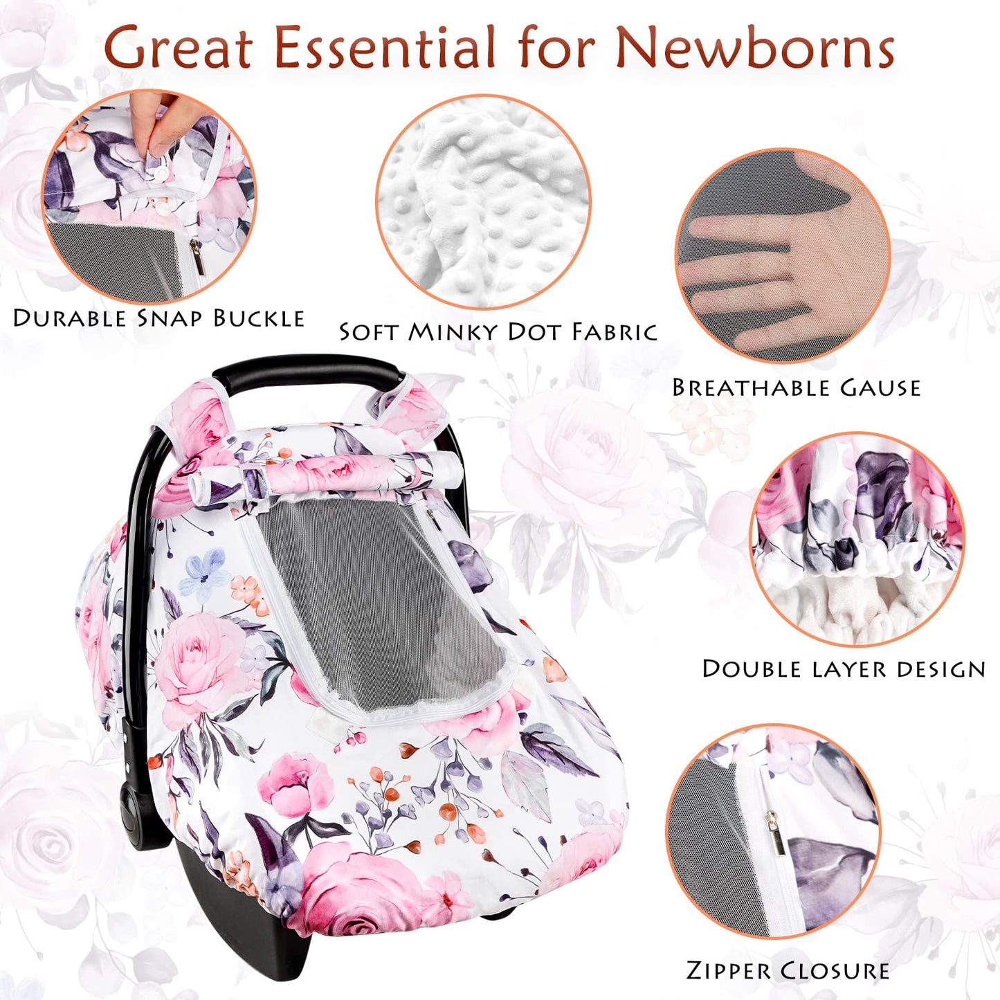Pea Pod Car Seat Cover Baby, Infant Car Seat Canopy Covers for Newborn with 2 Layers Windows of Breathable Mesh Fabric, Lightweight Polyester/Soft Minky Dot Backing (Floral & Rainbow)