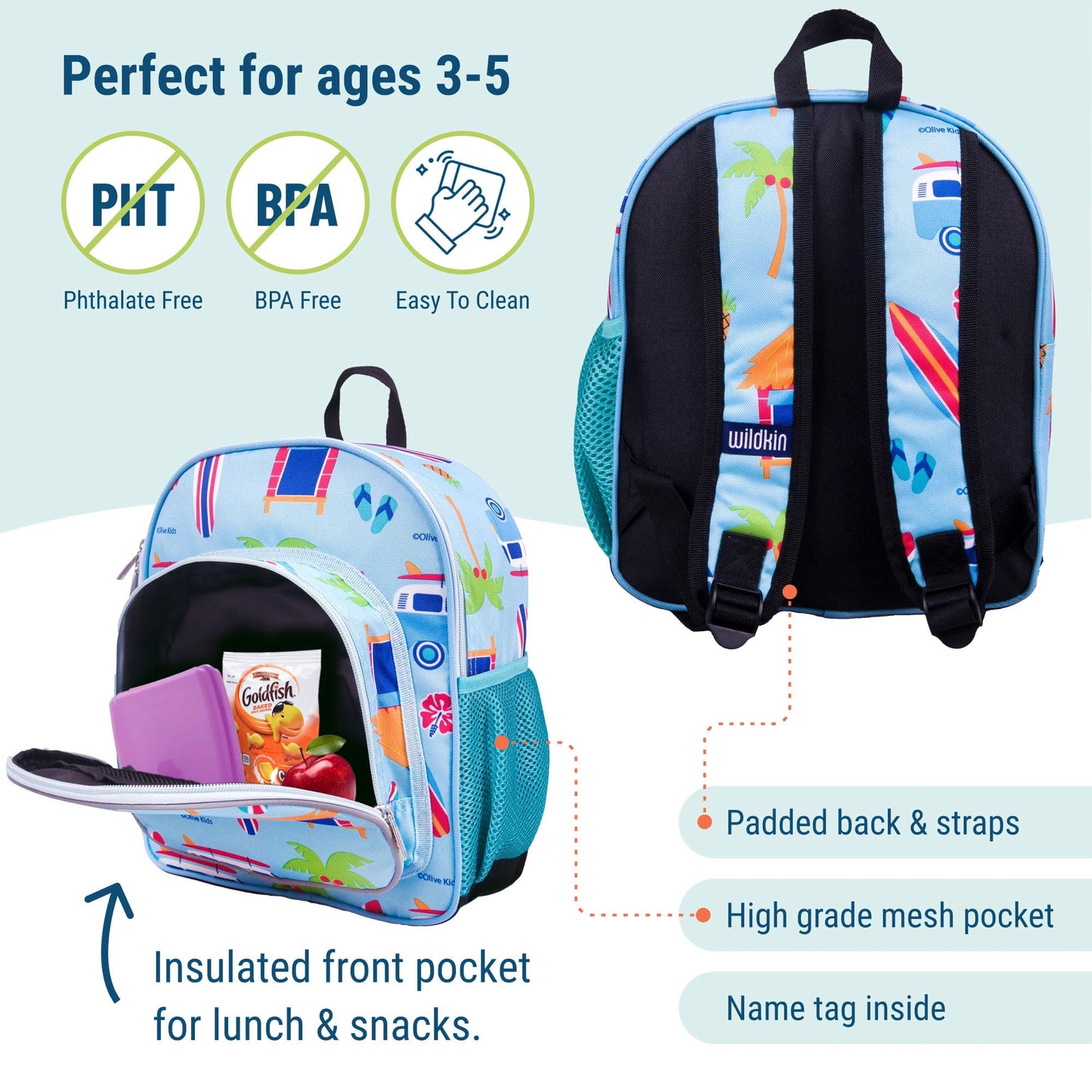 Wildkin 12-inch Kids Backpack – Padded, Adjustable, Ideal for Daycare & Travel - Trains, Planes, and Trucks