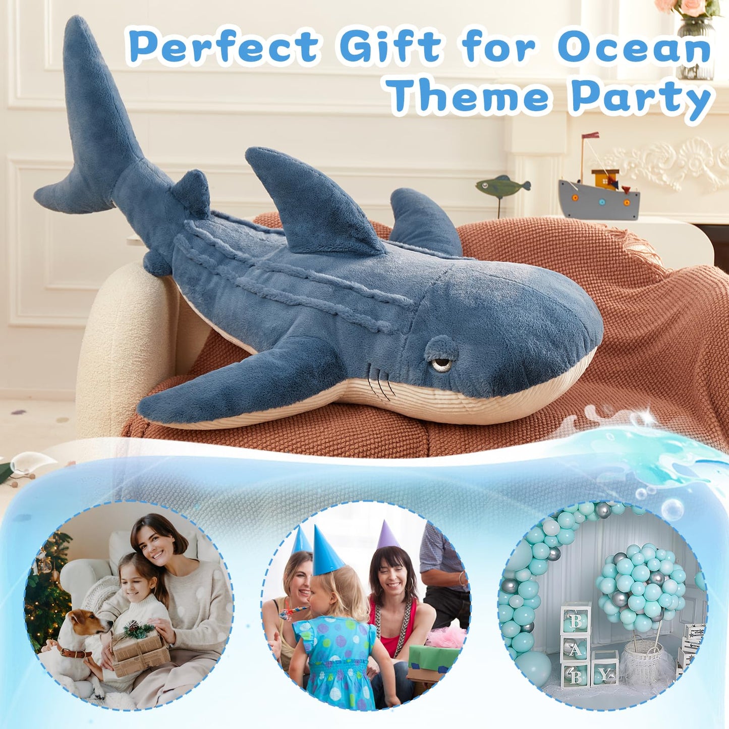 Tezituor 43.3 inch Giant Whale Stuffed Animal, Large Stuffed Whale Plush Ocean Toys, Hugging 4ft Soft Whale Plush Pillow for Girls Boys