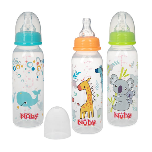 Nuby Printed Non-Drip 8oz Bottle, 3 Pack - Pink, Purple, Aqua